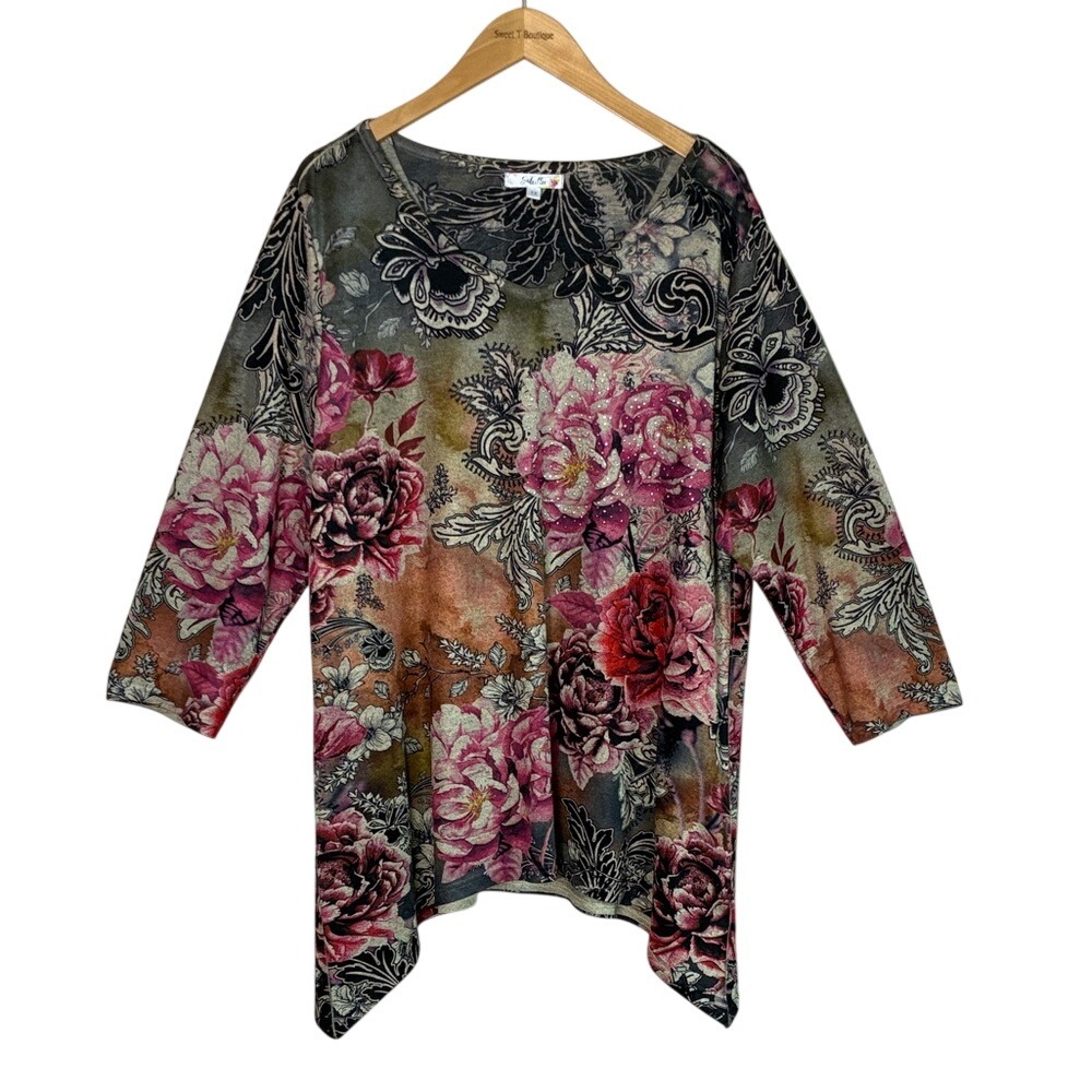 SOLEILLEE‎ Women Plus 1X Artsy Floral 3/4 Sleeve Vneck Fishtail Hem Tunic Top